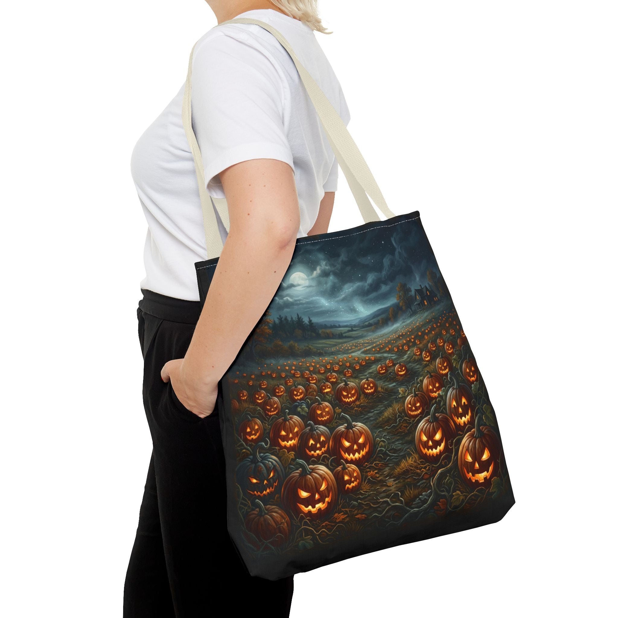 Halloween Pumpkin Field Tote Bag — Spooky Jack-O'-Lantern All-Over Print