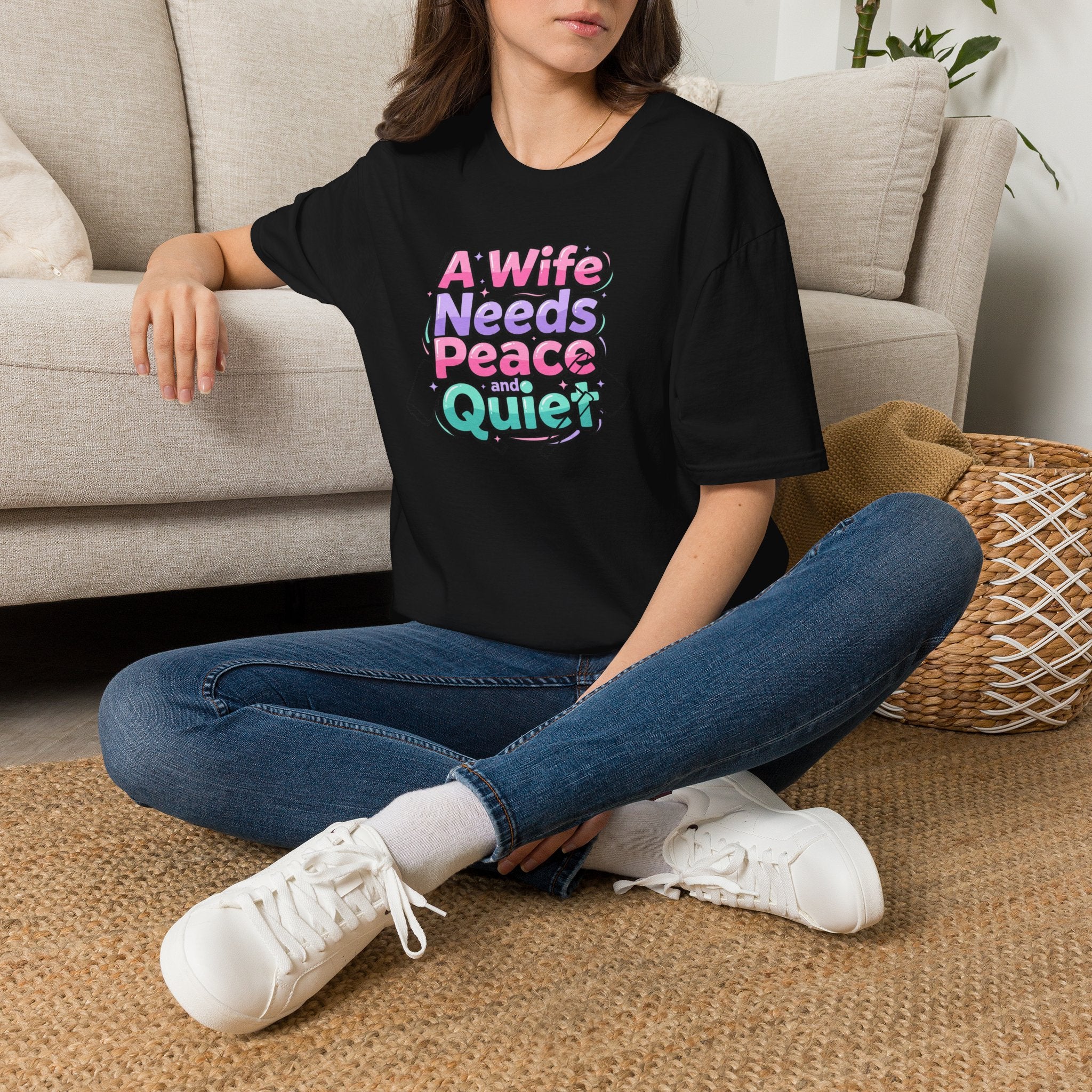 Womens T-Shirt “A Wife Needs Peace and Quiet” – Funny Retro Pastel Graphic Tee