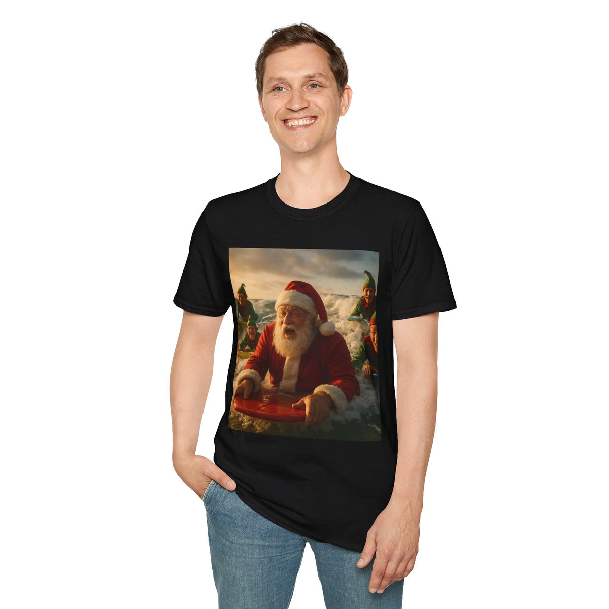 Santa Surfing T-Shirt — Funny Christmas Holiday Surf Santa Tee