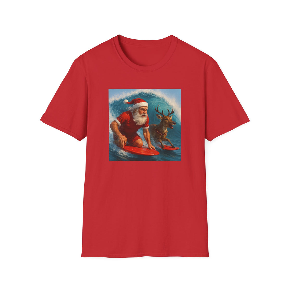 Santa Surfing T-Shirt — Retro Santa and Reindeer Surf Holiday Tee
