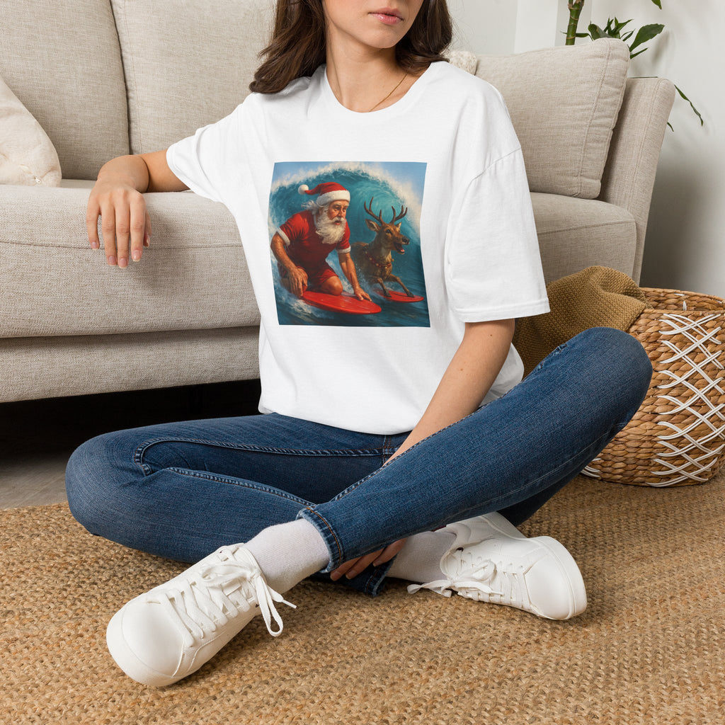 Santa Surfing T-Shirt — Retro Santa and Reindeer Surf Holiday Tee