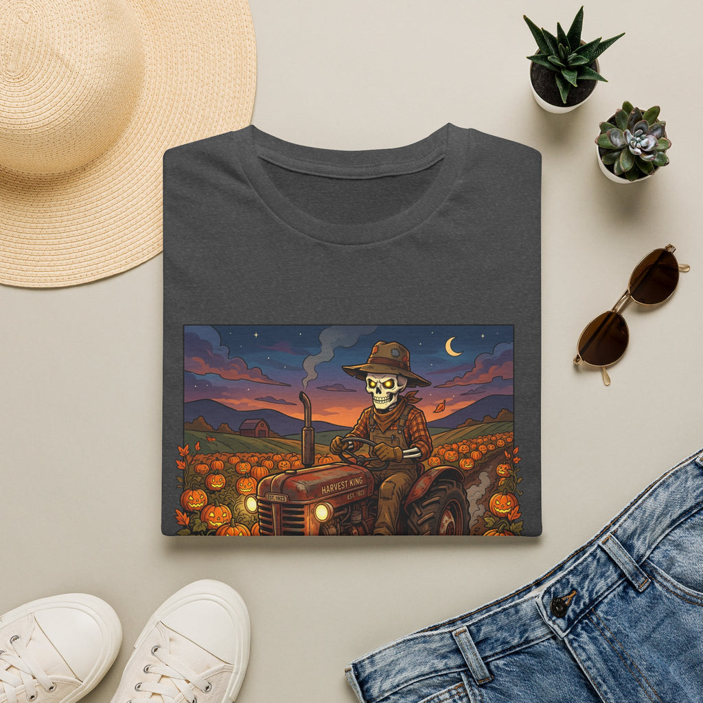 Halloween Pumpkin Farm T‑Shirt — Skeleton Farmer on Tractor Design