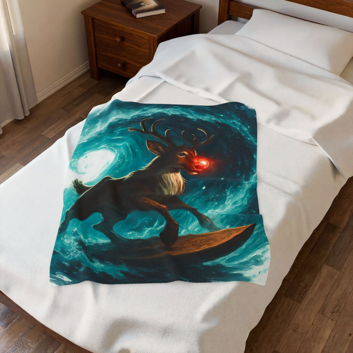 Mystical Surfing Reindeer Velveteen Plush Blanket