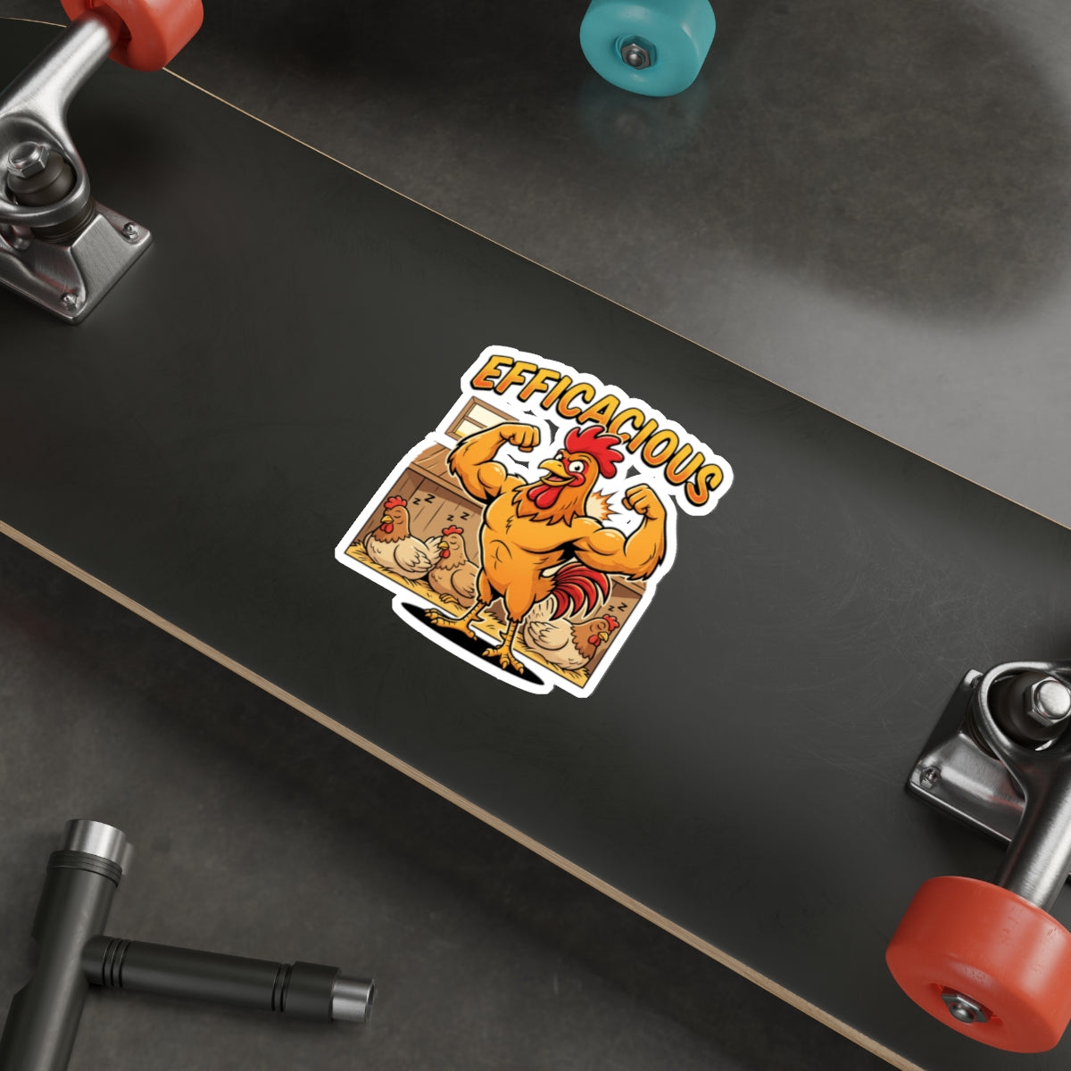 Efficacious Rooster Die-Cut Sticker — Funny Muscular Chicken Farm Humor Sticker