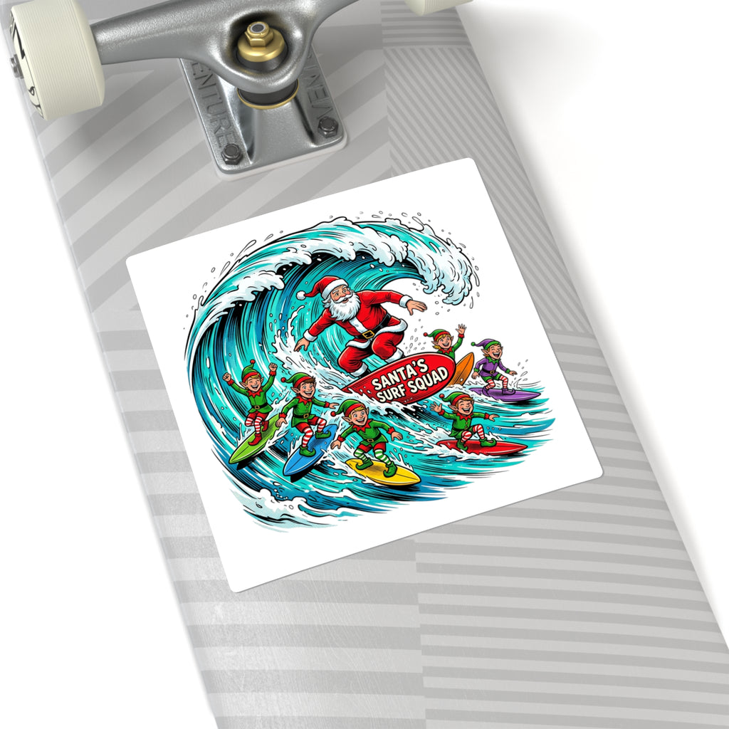 Santa’s Surf Squad Square Sticker — Festive Christmas Surfing Elves Decal