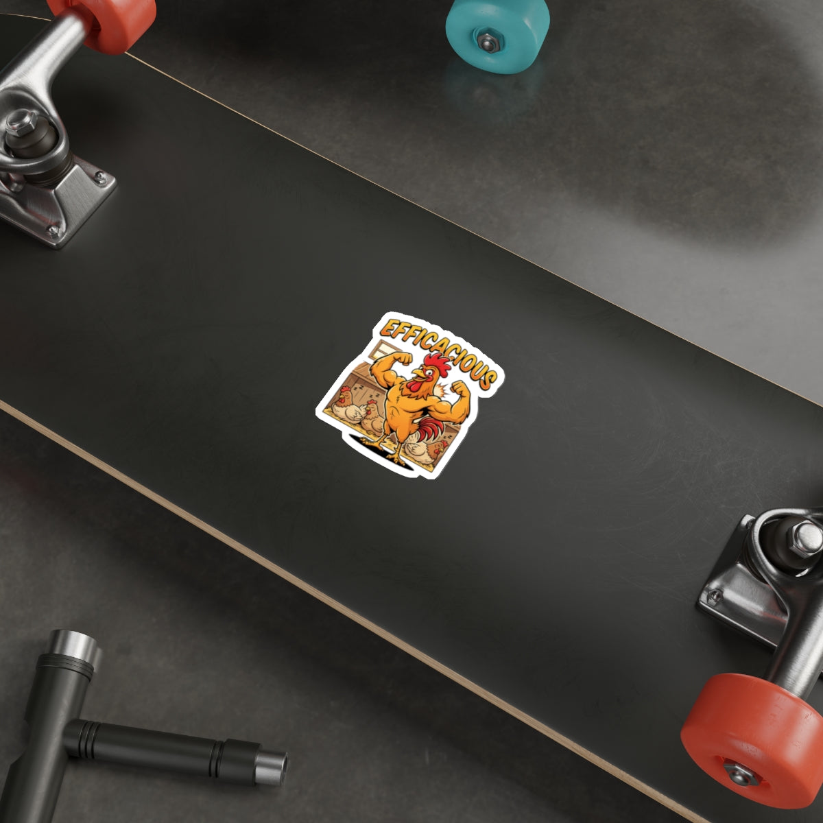 Efficacious Rooster Die-Cut Sticker — Funny Muscular Chicken Farm Humor Sticker