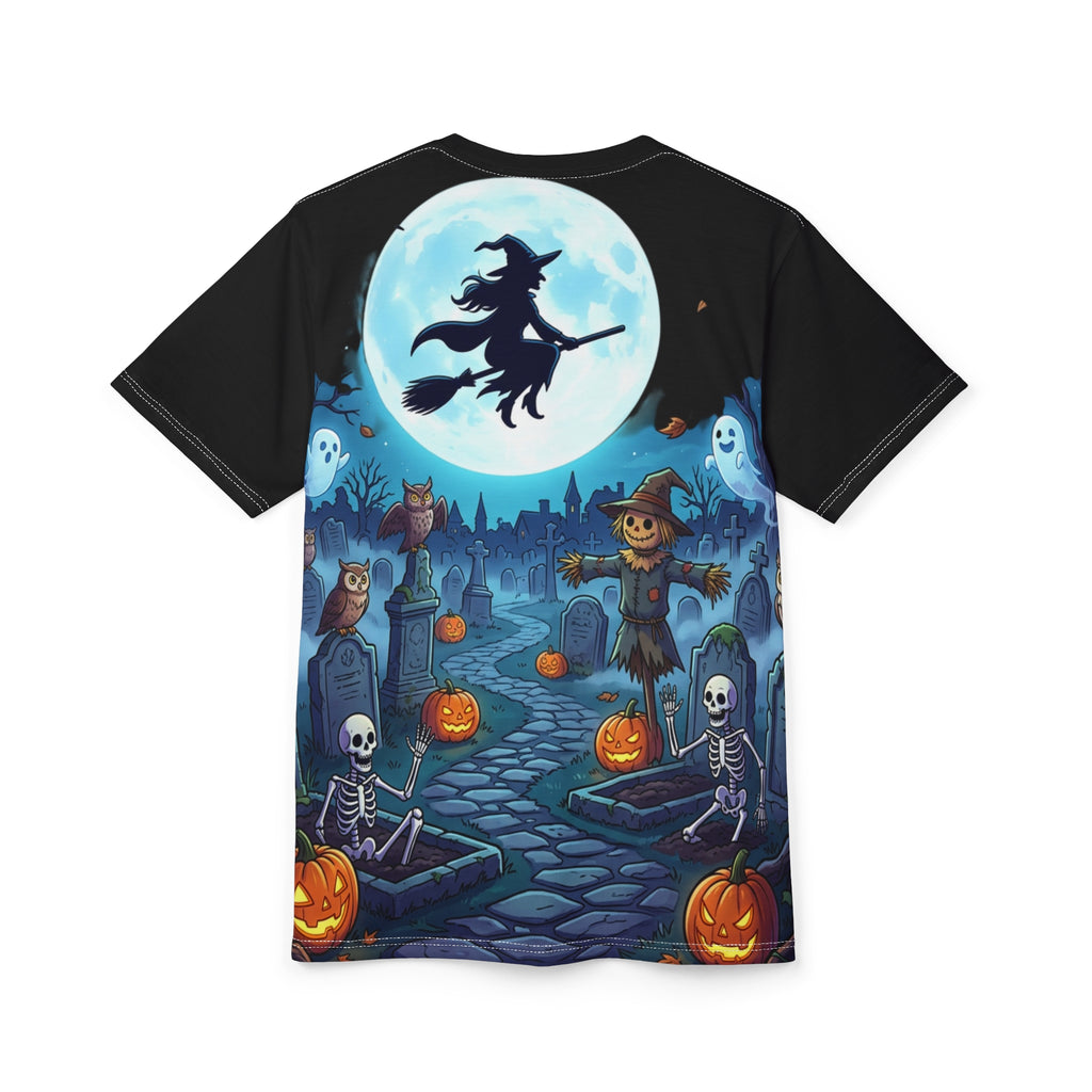 Halloween Graveyard Tee — Witch, Pumpkins & Scarecrow All-Over Print