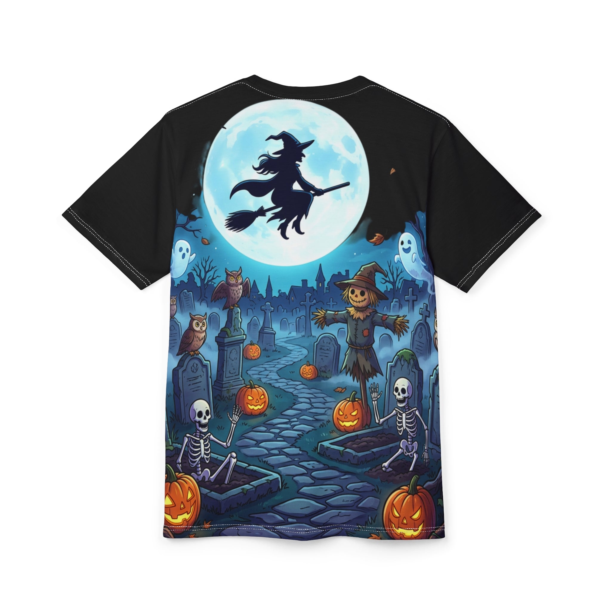Halloween Graveyard Tee — Witch, Pumpkins & Scarecrow All-Over Print