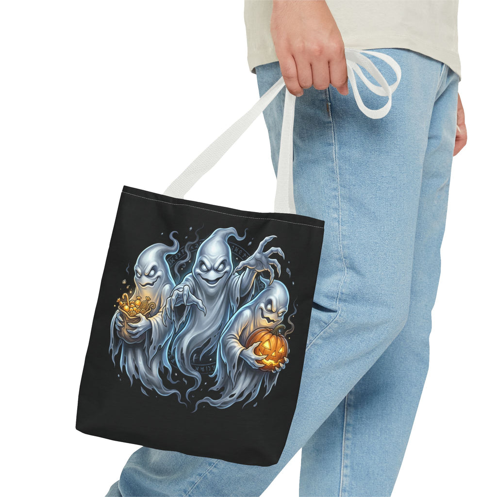 Halloween Ghost Trio Tote Bag — Spooky Pumpkin Trick-or-Treat AOP Tote