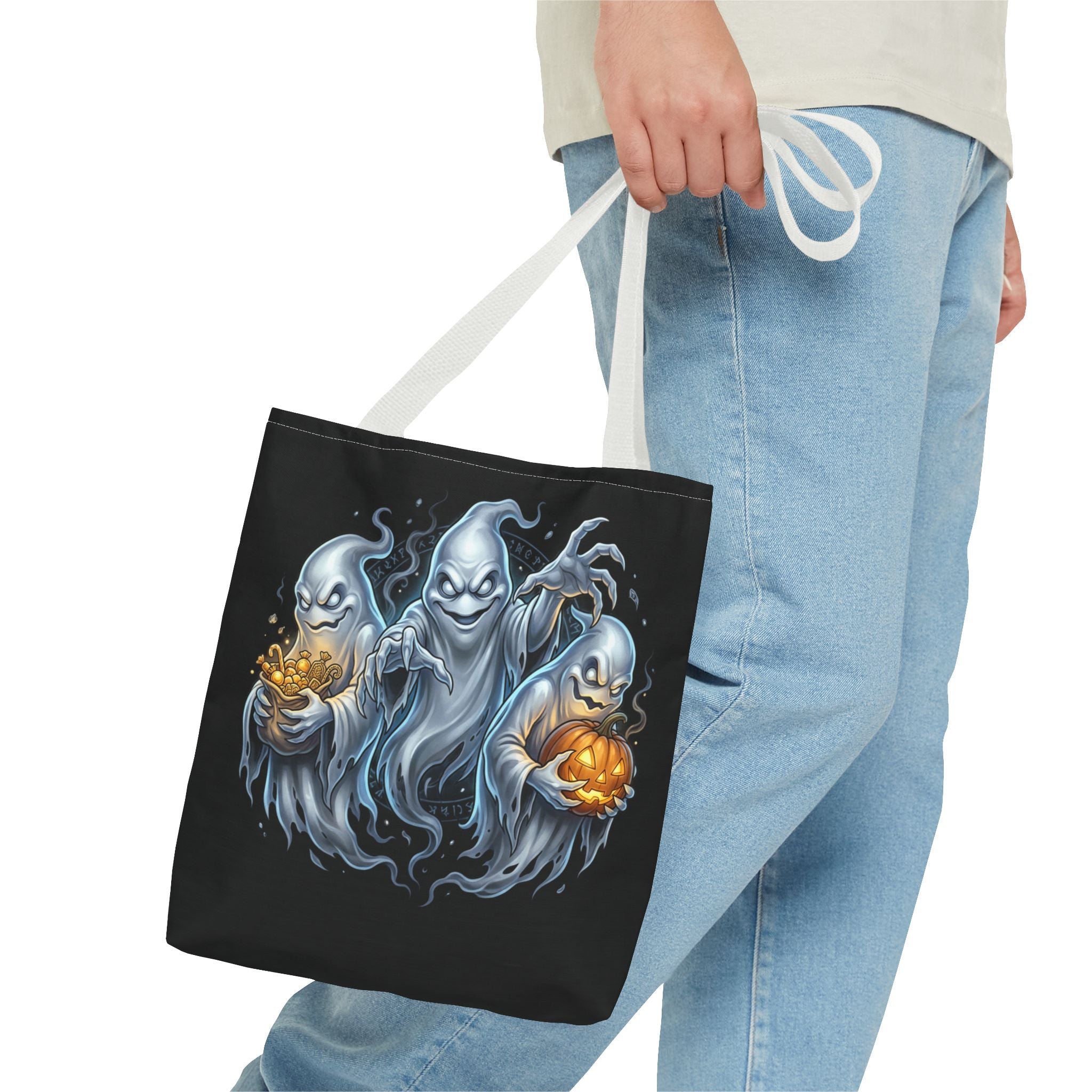 Halloween Ghost Trio Tote Bag — Spooky Pumpkin Trick-or-Treat AOP Tote