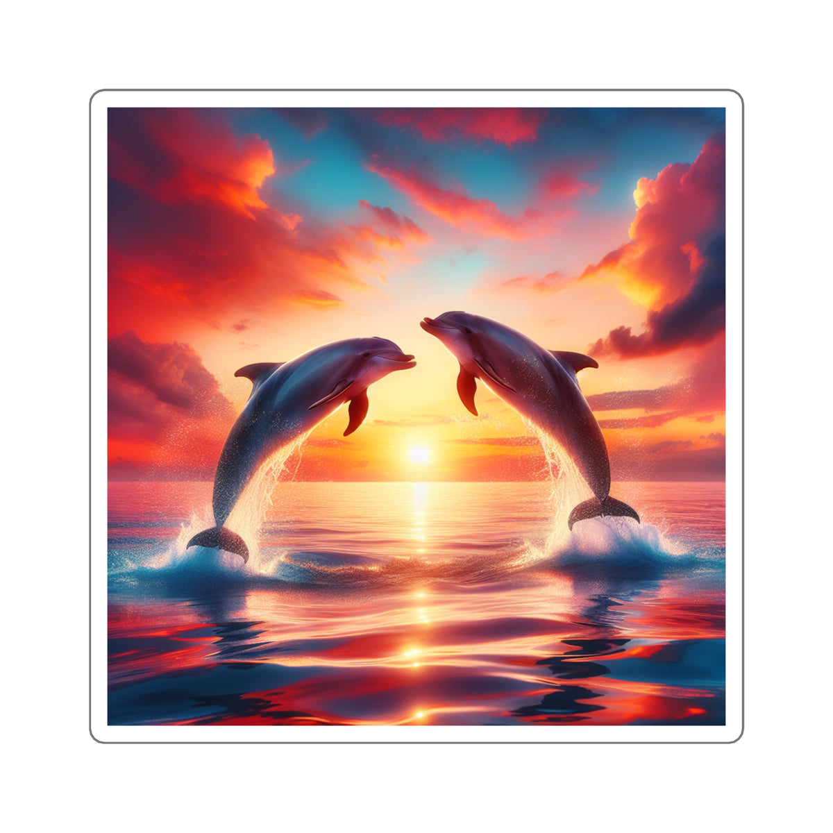 Dolphin Sunset Square Sticker — Vibrant Ocean Sunset Laptop Decal