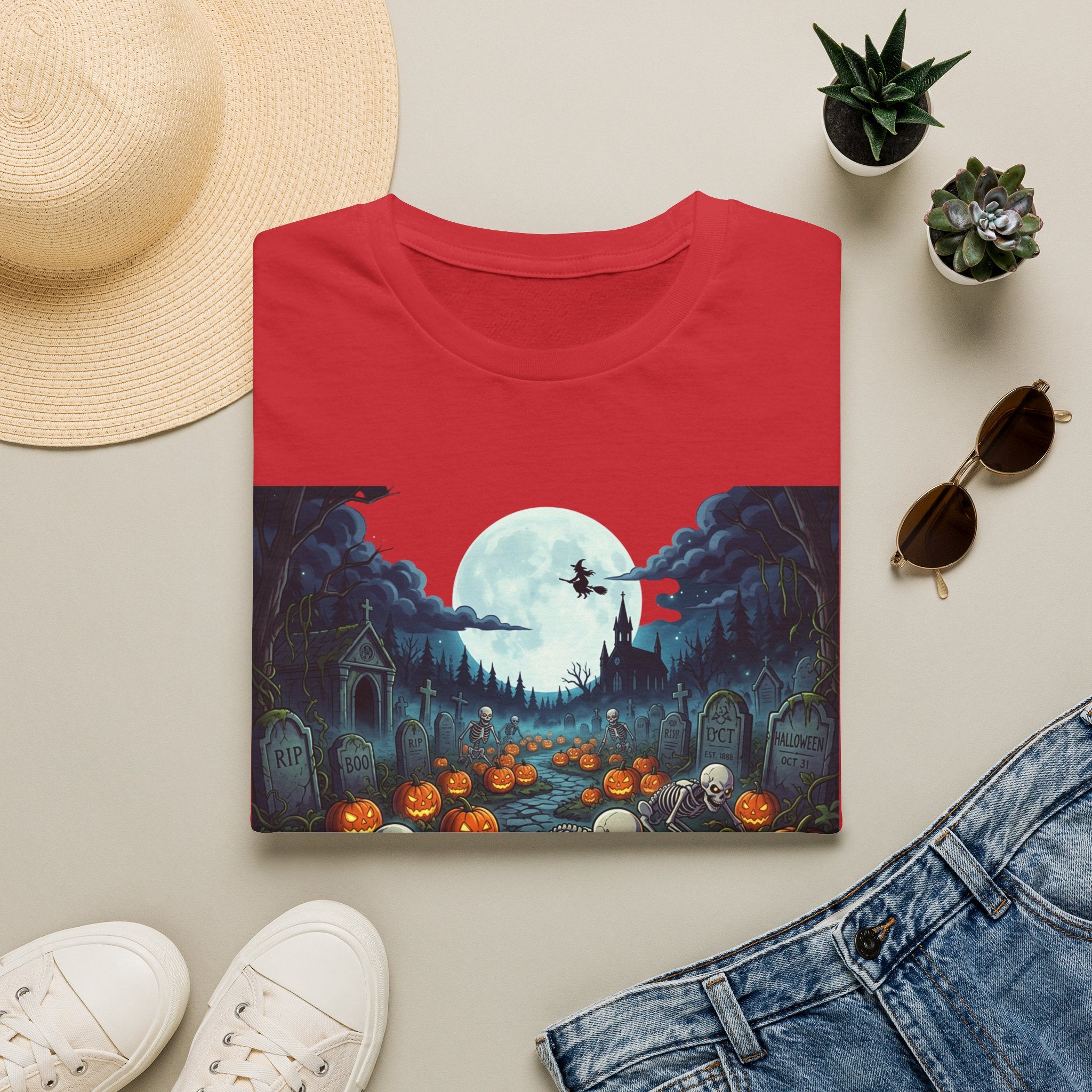 Halloween Pumpkin Patch T-Shirt — Haunted Moonlit Cemetery Graphic Tee