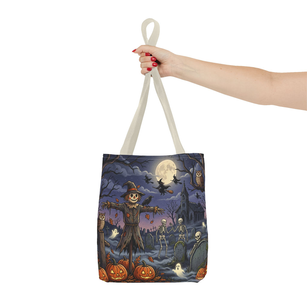 Halloween Haunted Night Tote Bag – Spooky Scarecrow & Skeletons All-Over Print