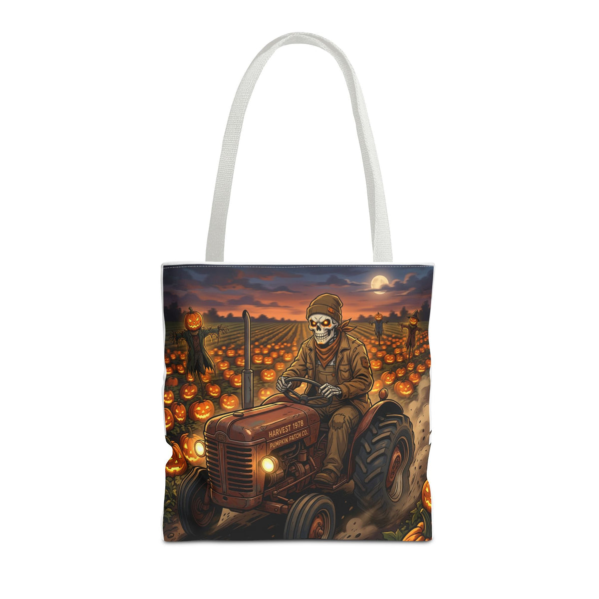 Halloween Pumpkin Field Tote — Skeletal Farmer on Tractor AOP Tote Bag