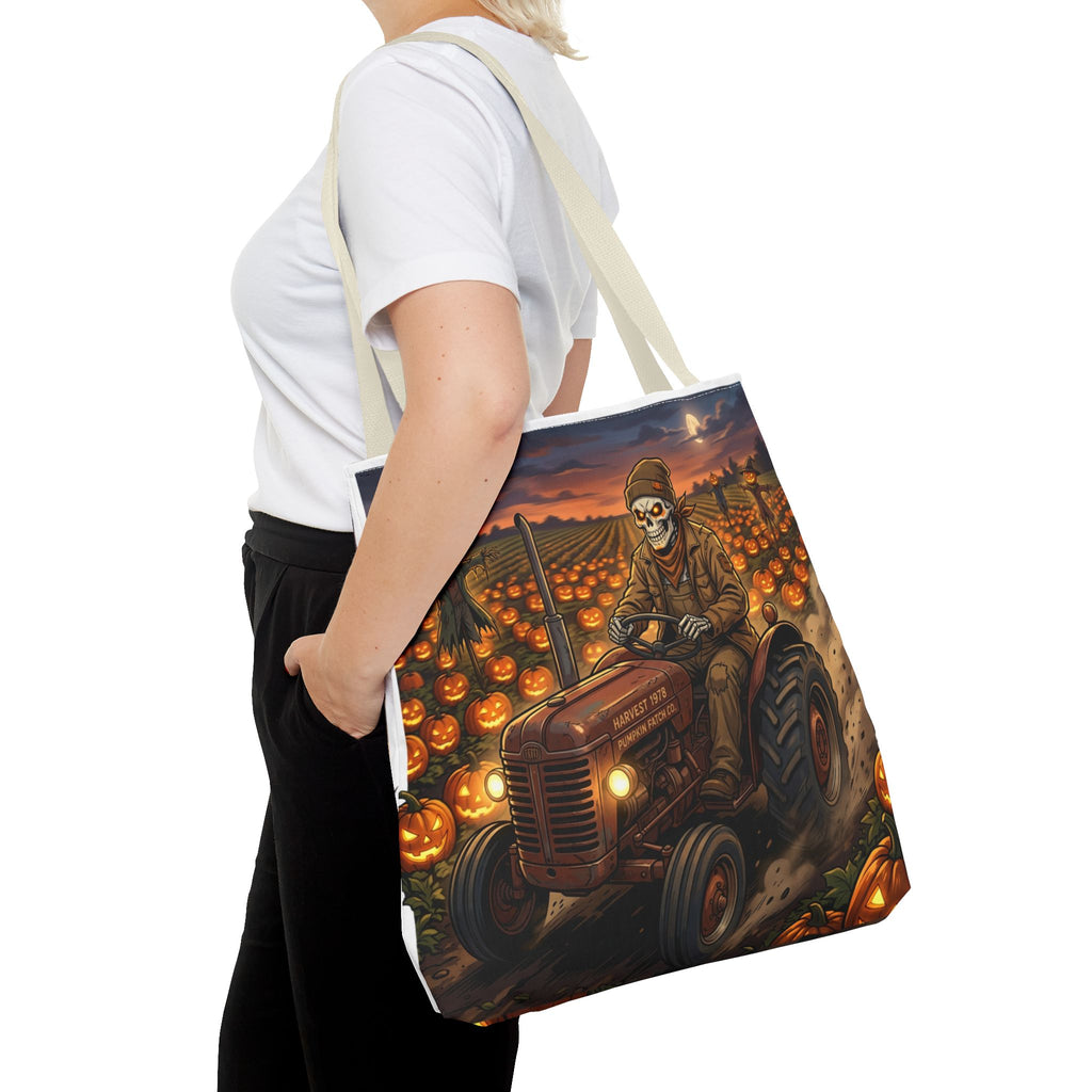 Halloween Pumpkin Field Tote — Skeletal Farmer on Tractor AOP Tote Bag