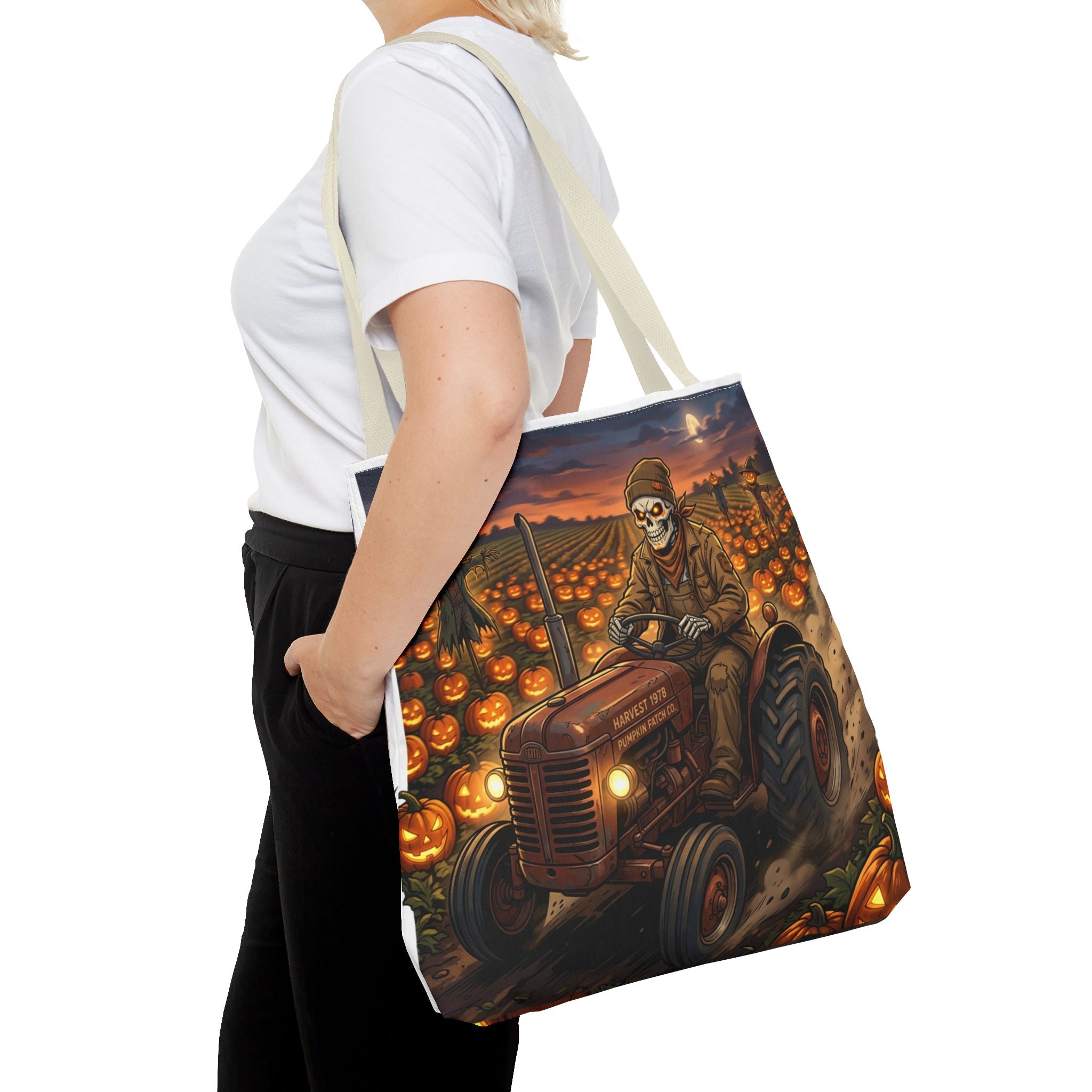 Halloween Pumpkin Field Tote — Skeletal Farmer on Tractor AOP Tote Bag