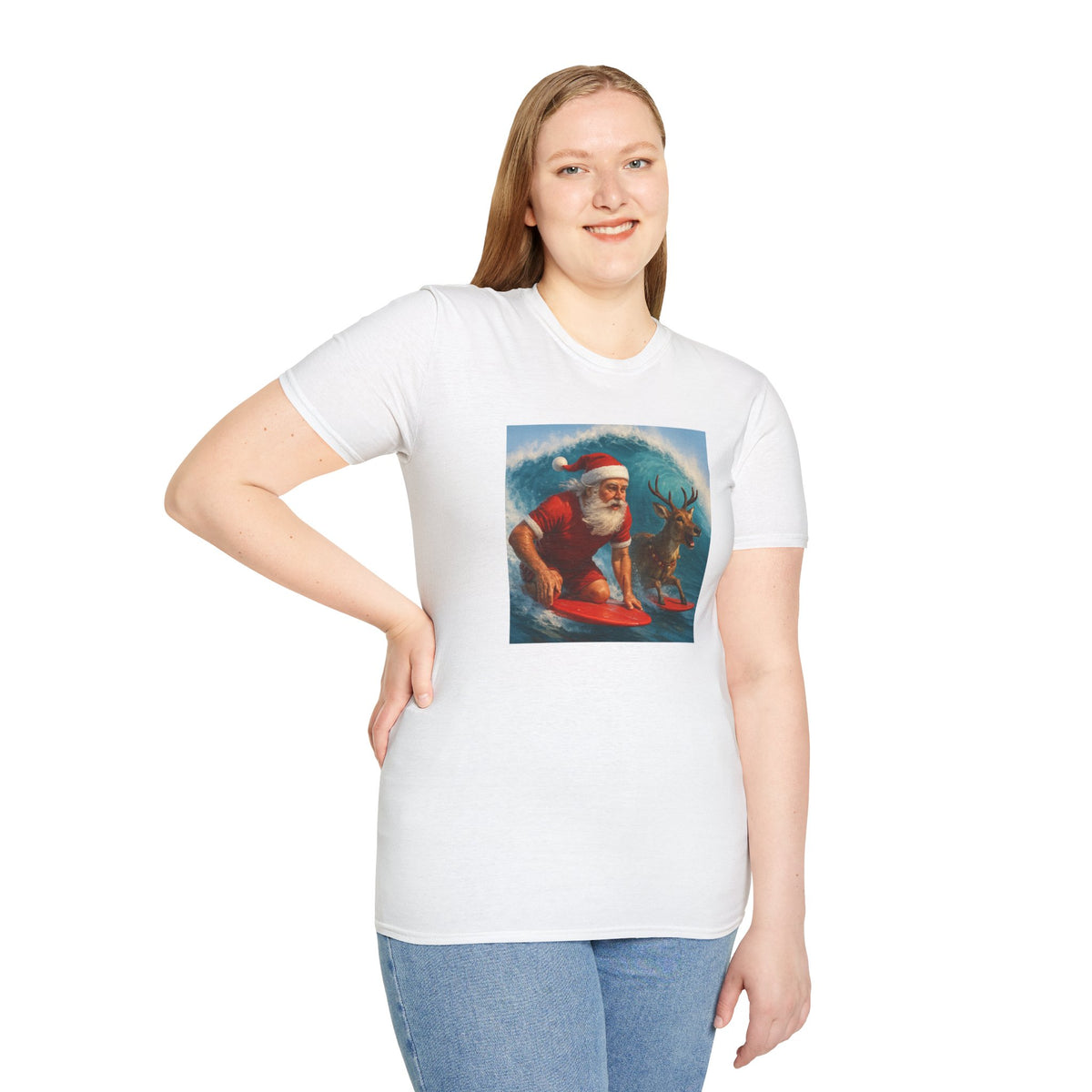 Santa Surfing T-Shirt — Retro Santa and Reindeer Surf Holiday Tee