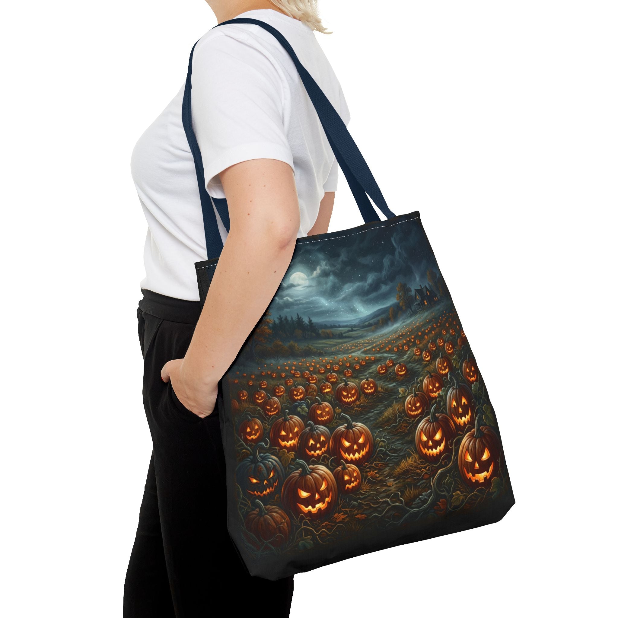 Halloween Pumpkin Field Tote Bag — Spooky Jack-O'-Lantern All-Over Print