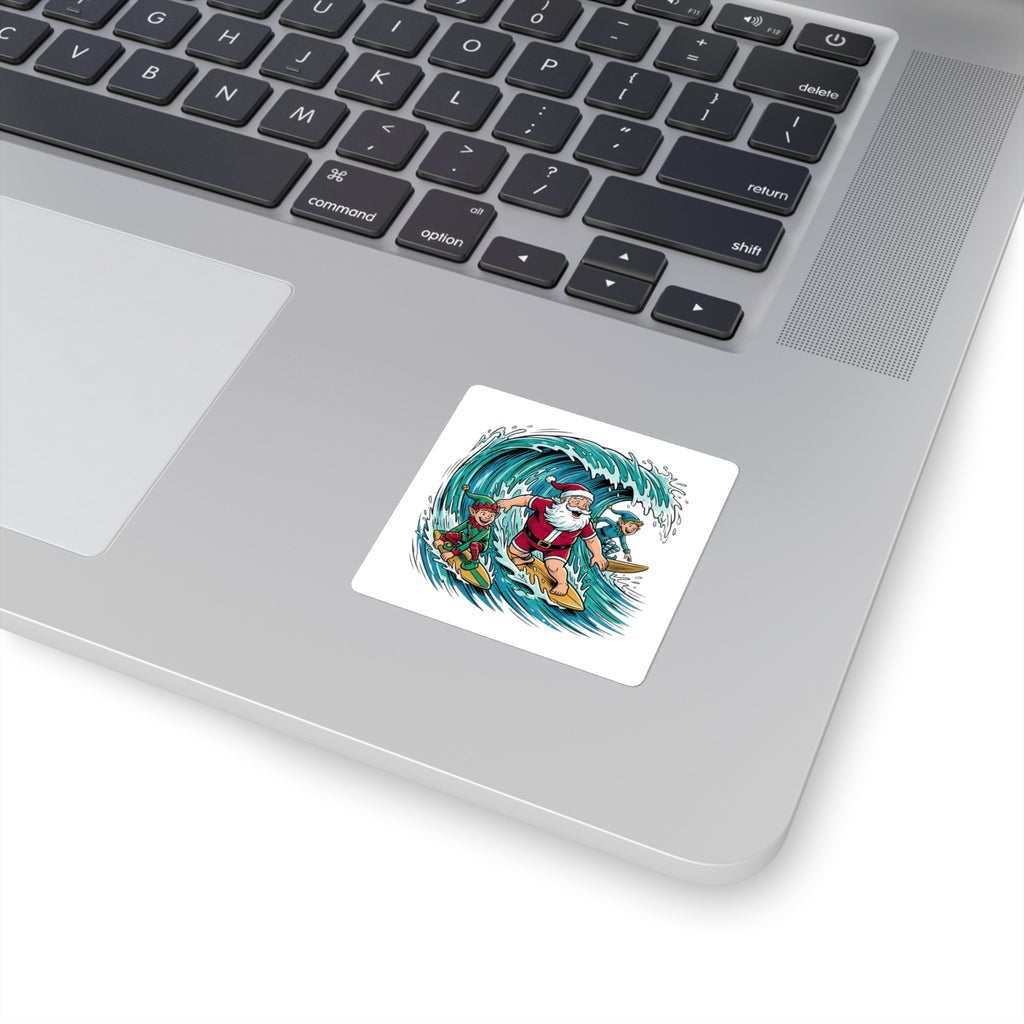 Surfing Santa Square Sticker — Festive Christmas Surfboard Holiday Decal