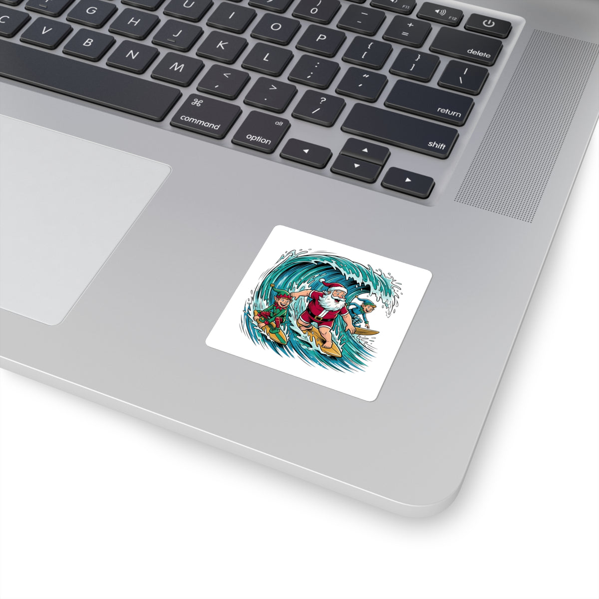 Surfing Santa Square Sticker — Festive Christmas Surfboard Holiday Decal