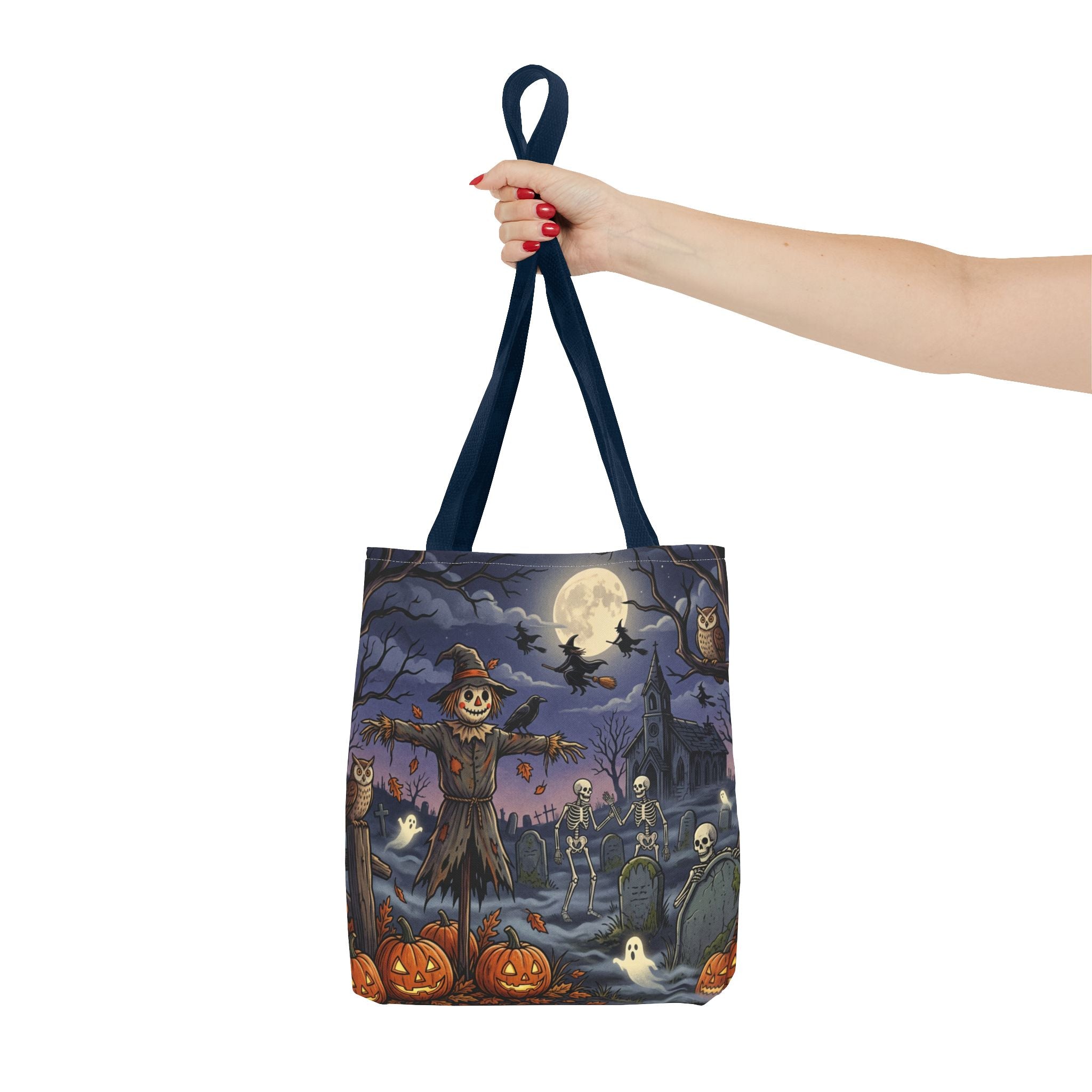 Halloween Haunted Night Tote Bag – Spooky Scarecrow & Skeletons All-Over Print
