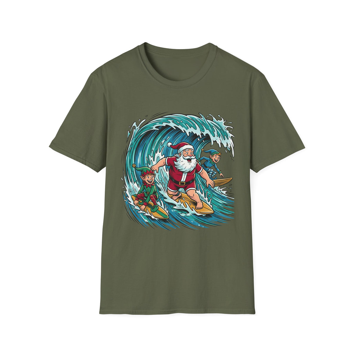 Surfing Santa T-Shirt — Christmas Beach Holiday Tee