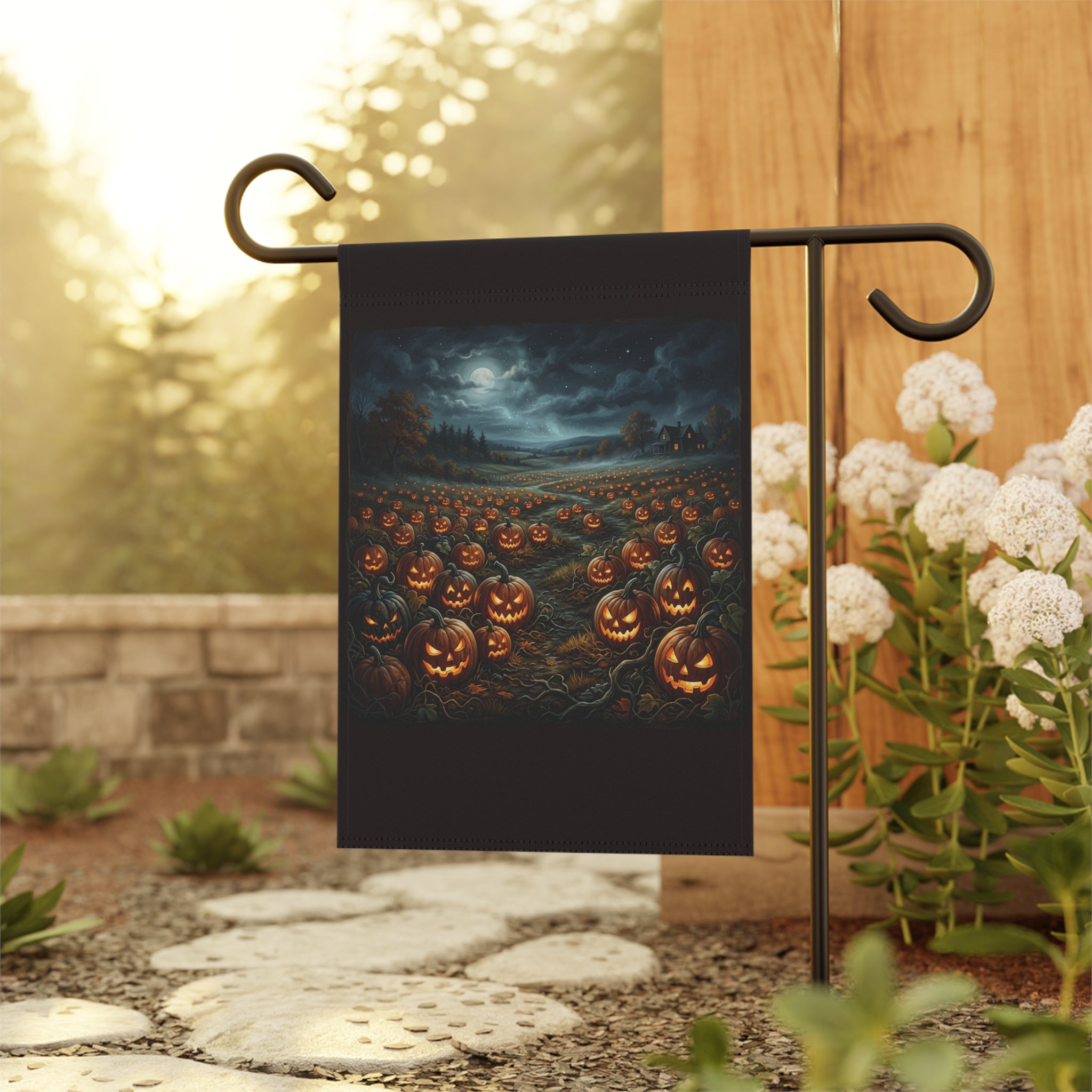 Halloween Jack-O'-Lantern Garden Flag — Spooky Moonlit Pumpkin Patch Banner