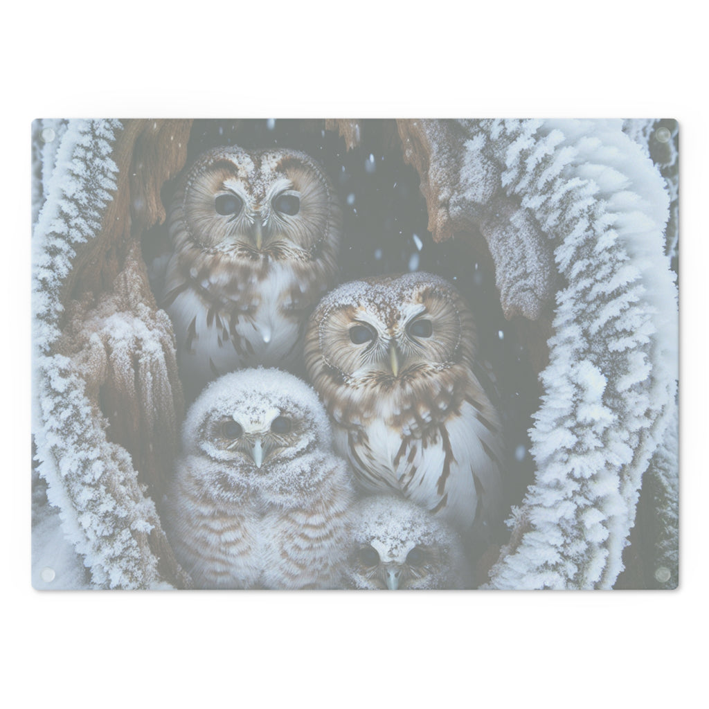 Owl Family Winter Cutting Board — Snowy Woodland Kitchen Decor