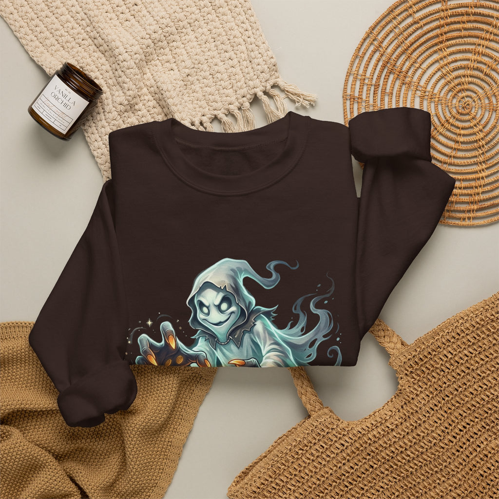 Treasure Ghost Halloween Crewneck Sweatshirt — Hooded Specter with Glowing Candy
