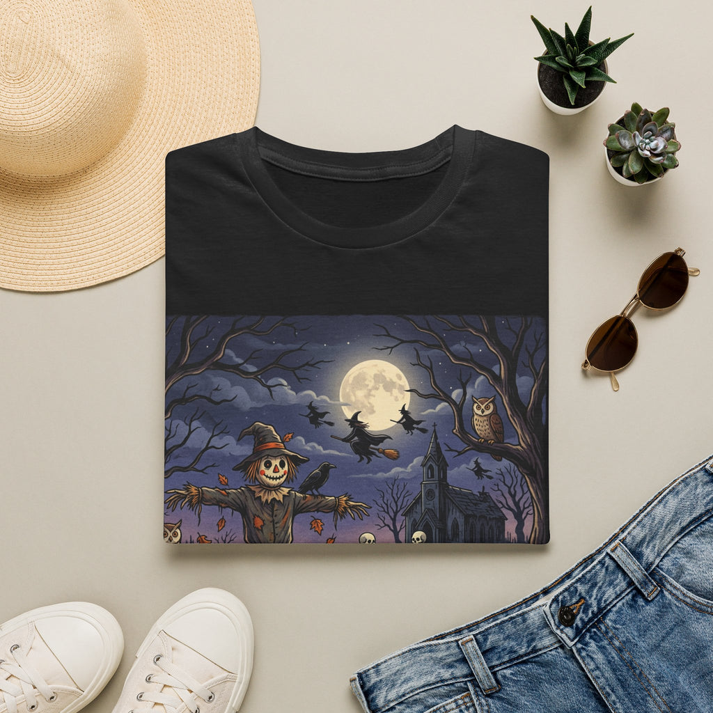 Halloween Night T-Shirt — Spooky Scarecrow & Full Moon Scene
