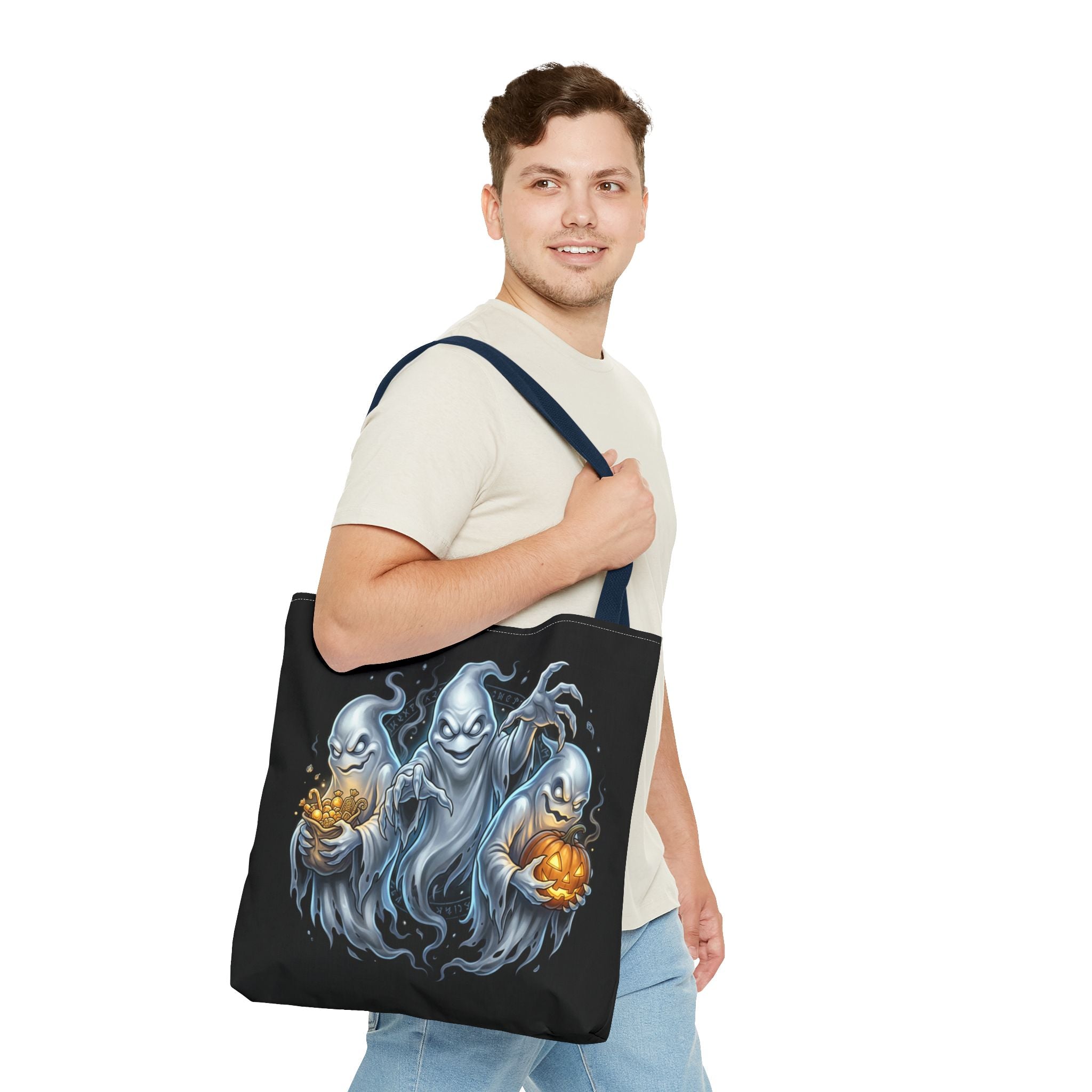 Halloween Ghost Trio Tote Bag — Spooky Pumpkin Trick-or-Treat AOP Tote