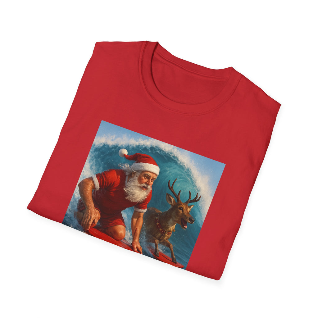 Santa Surfing T-Shirt — Retro Santa and Reindeer Surf Holiday Tee
