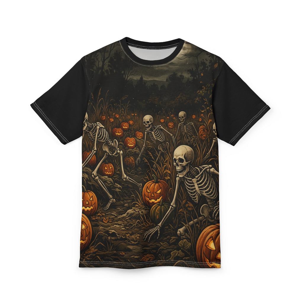 Halloween Skeleton Pumpkin Tee — Spooky Graveyard All-Over Print Shirt