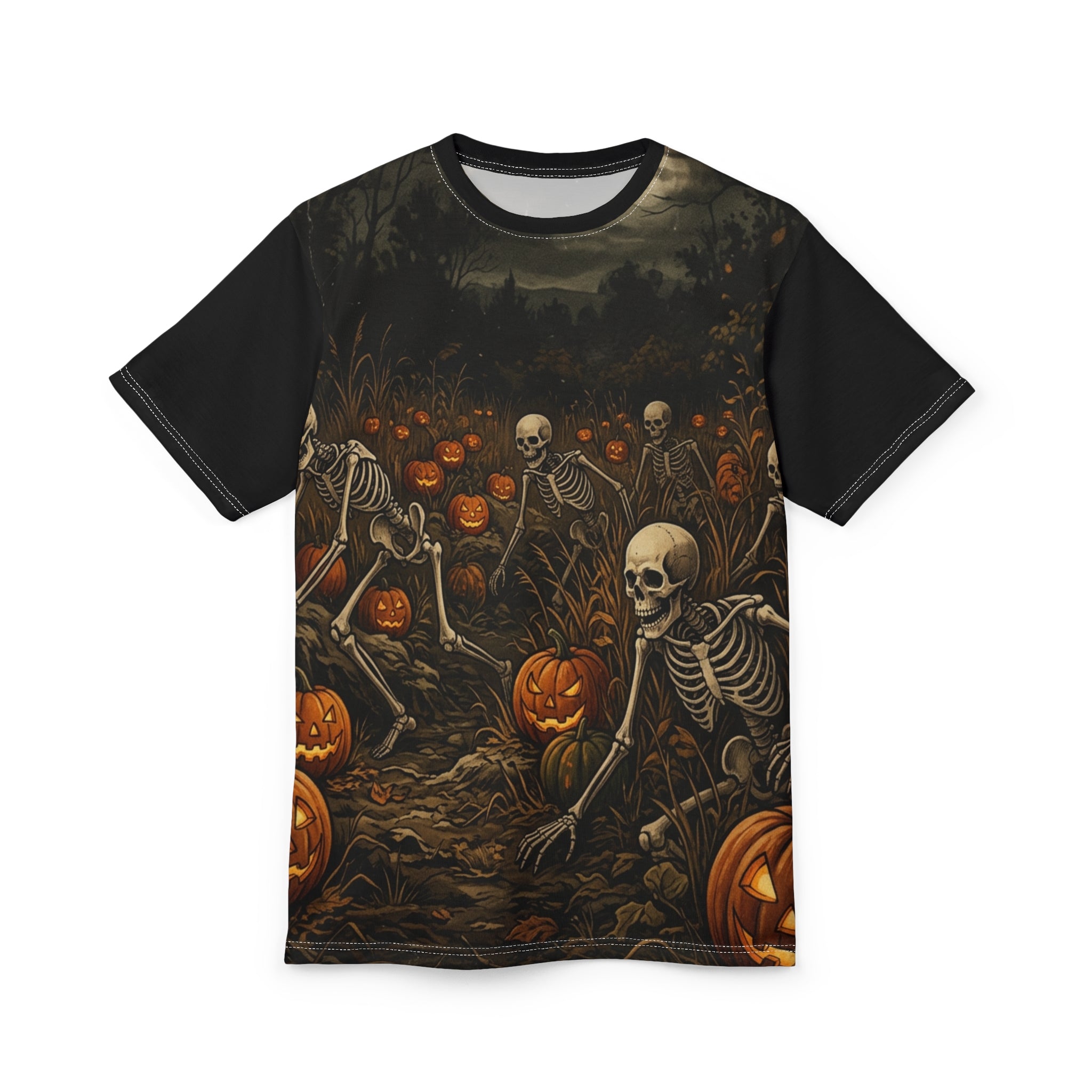 Halloween Skeleton Pumpkin Tee — Spooky Graveyard All-Over Print Shirt