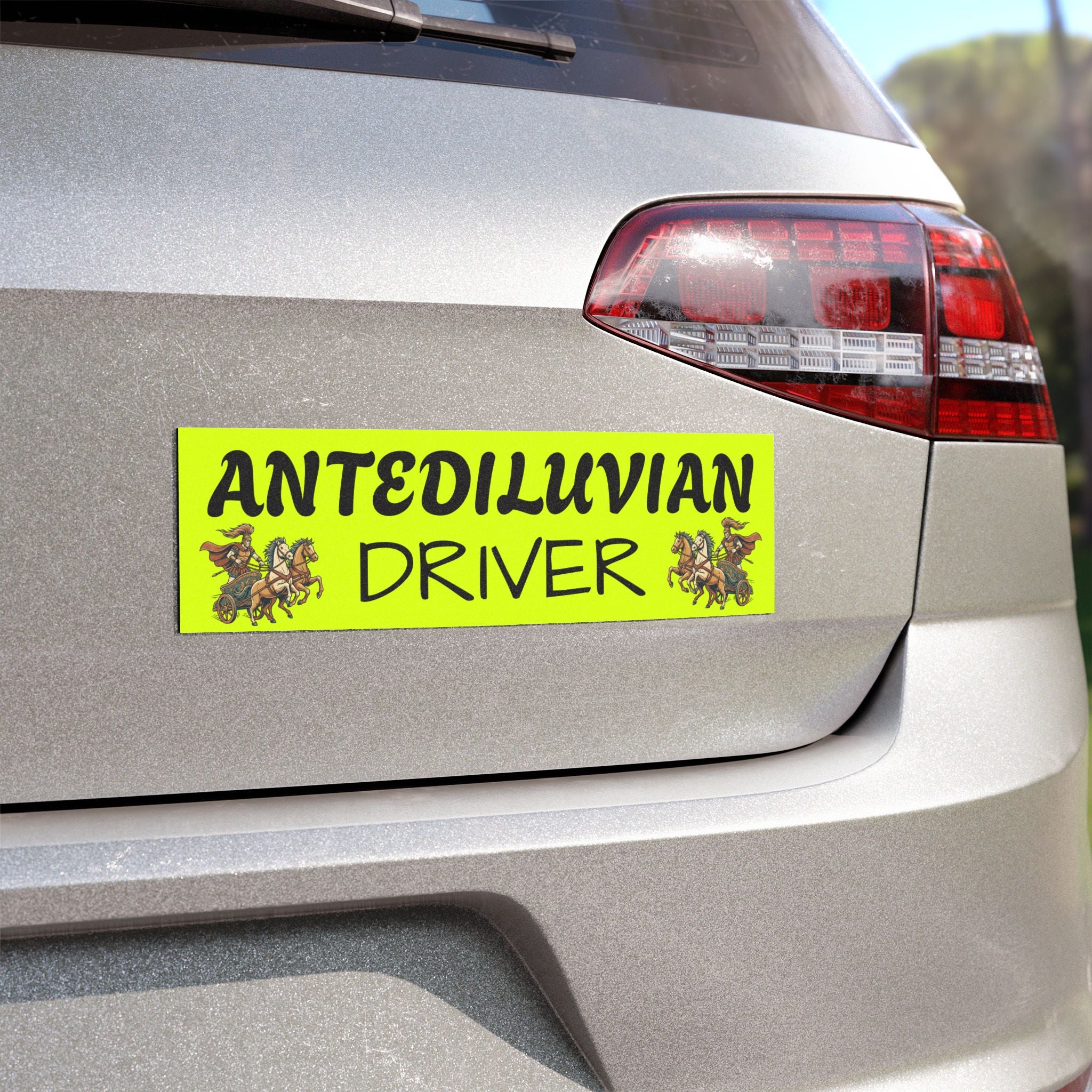 Antediluvian Driver Funny Slow & Steady Car Magnet – Yellow with Design