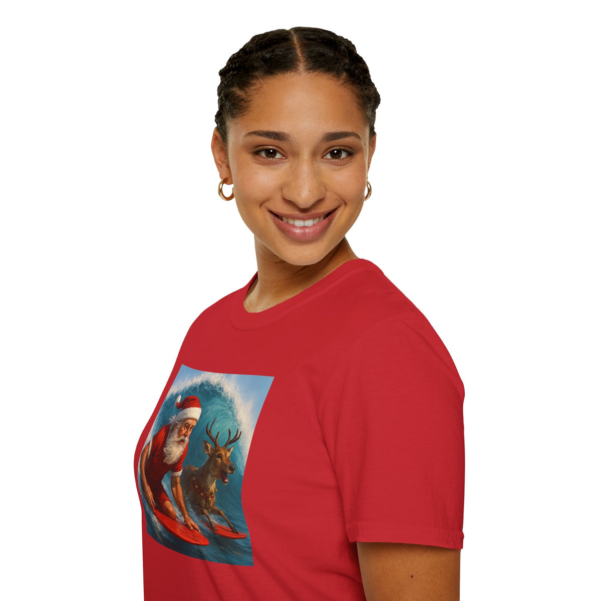 Santa Surfing T-Shirt — Retro Santa and Reindeer Surf Holiday Tee