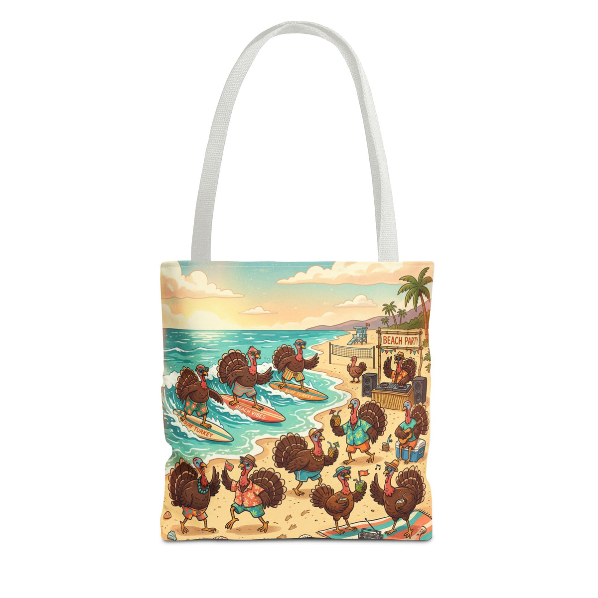 Surfing Turkeys Beach Tote Bag – Funny Thanksgiving Summer Beach Tote