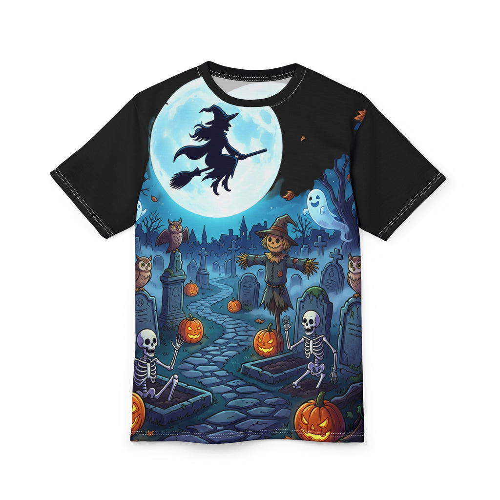 Halloween Graveyard Tee — Witch, Pumpkins & Scarecrow All-Over Print