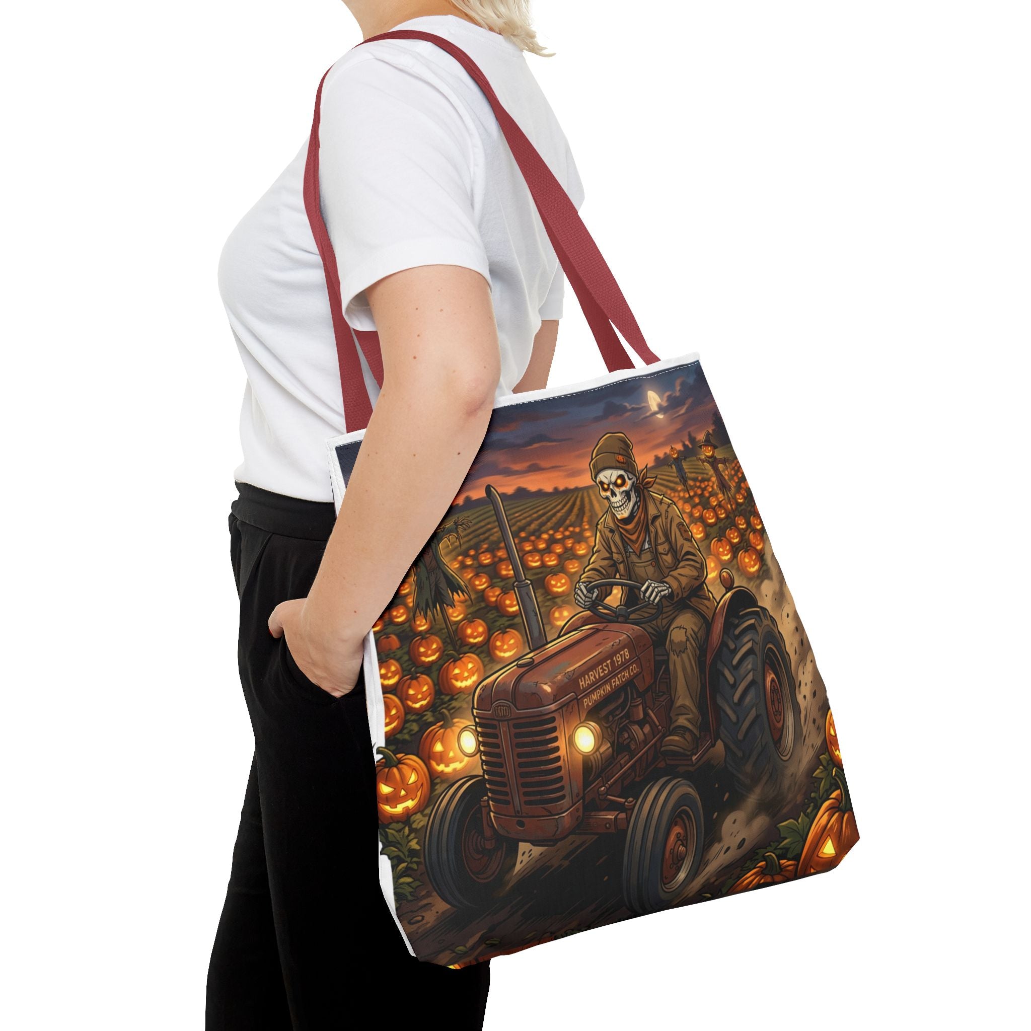 Halloween Pumpkin Field Tote — Skeletal Farmer on Tractor AOP Tote Bag