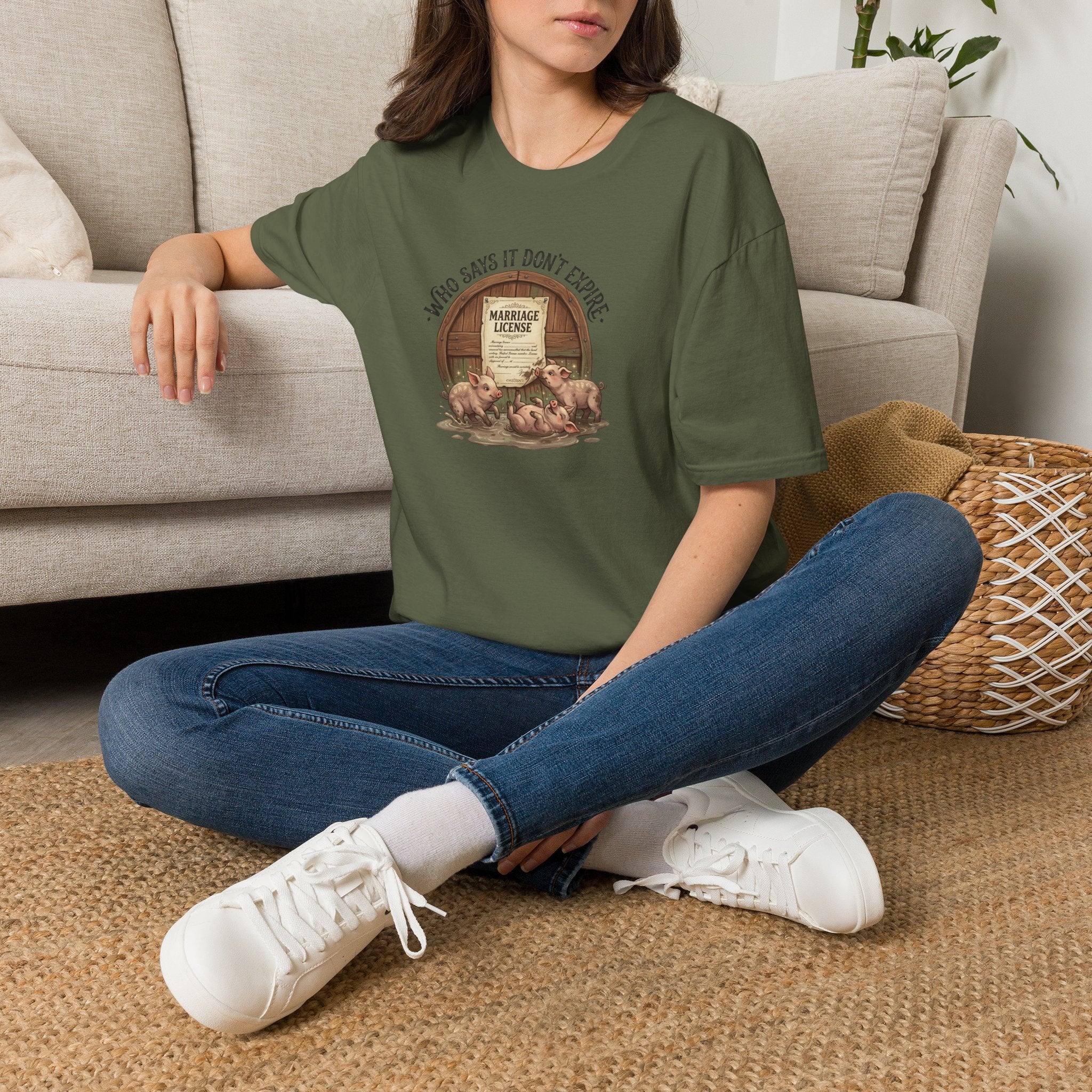 Funny Pig Wedding T-Shirt — "Who Says It Don't Expire" Marriage License Graphic Tee