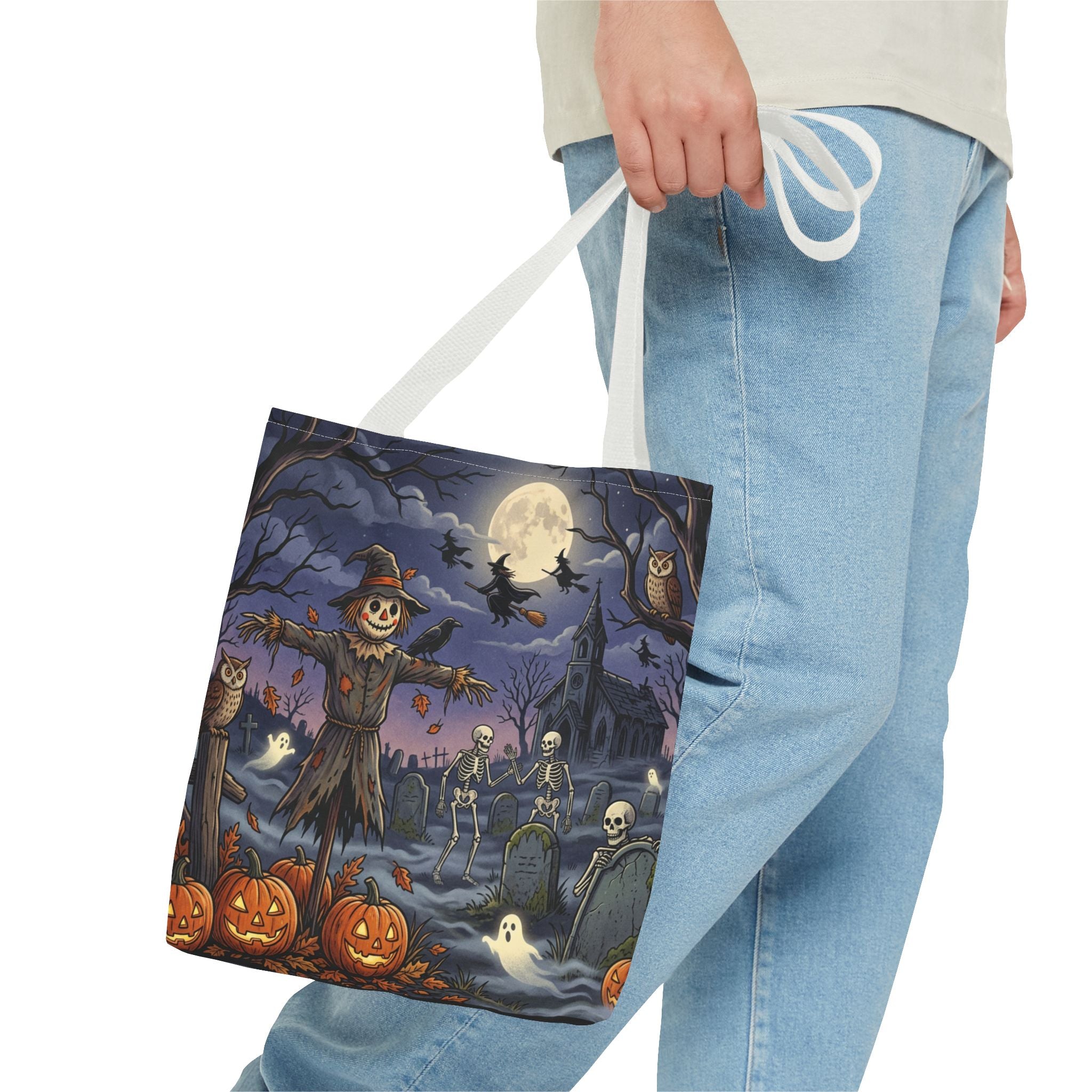 Halloween Haunted Night Tote Bag – Spooky Scarecrow & Skeletons All-Over Print
