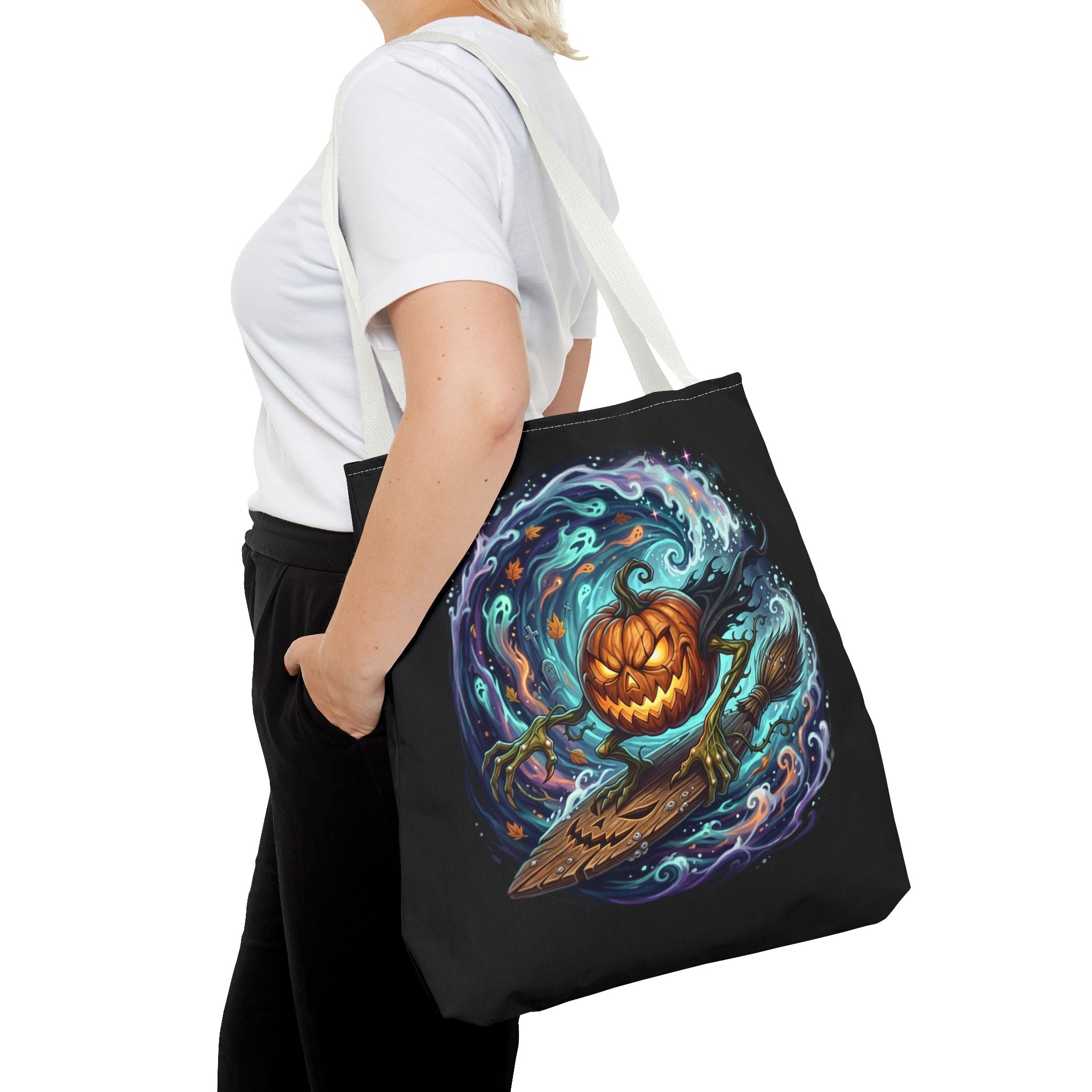Halloween Surfing Pumpkin Tote Bag — Spooky Jack-o'-Lantern Beach Wave Tote