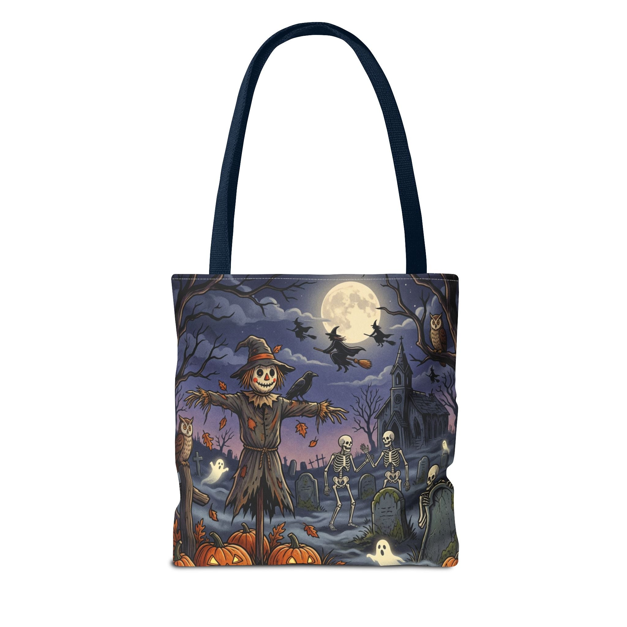 Halloween Haunted Night Tote Bag – Spooky Scarecrow & Skeletons All-Over Print