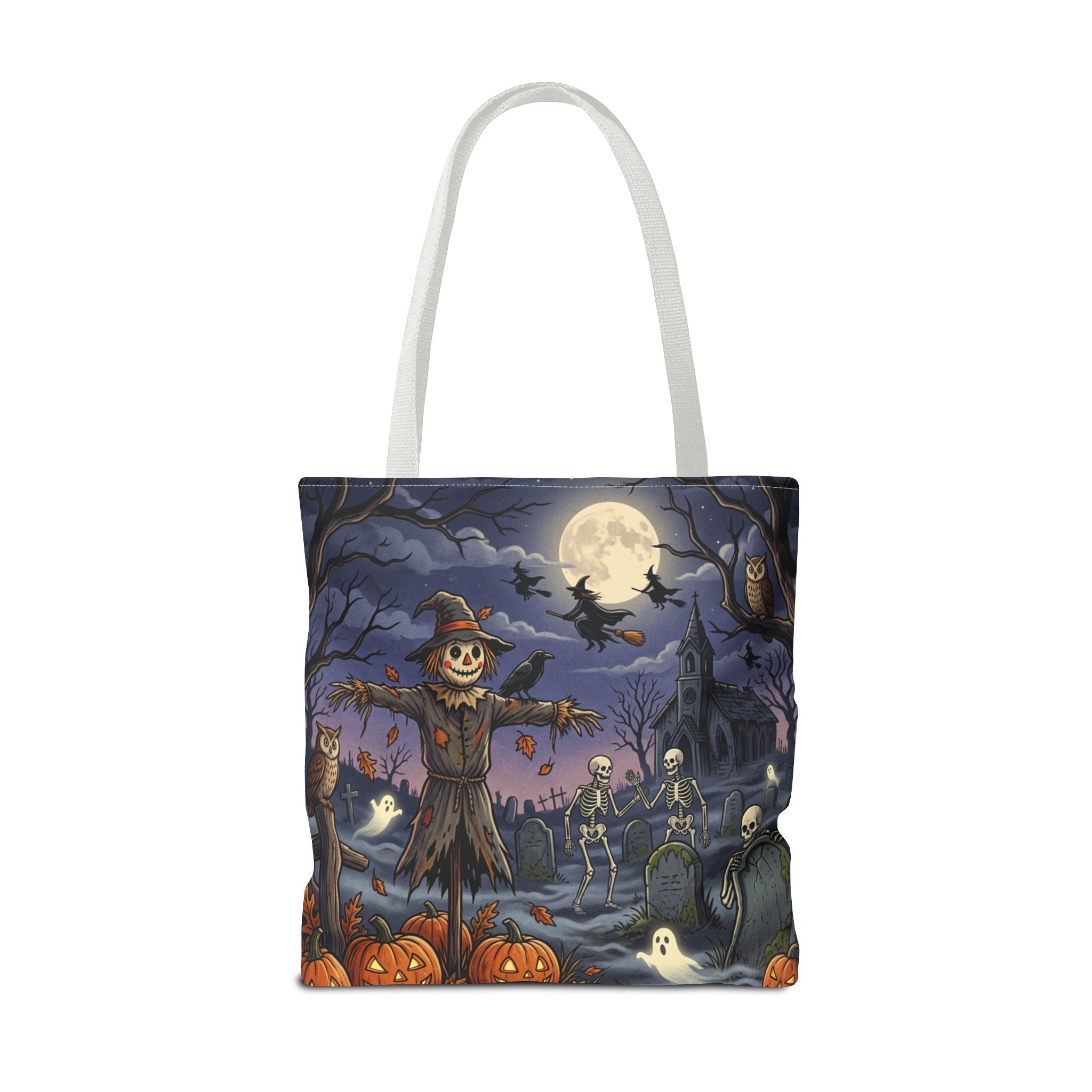 Halloween Haunted Night Tote Bag – Spooky Scarecrow & Skeletons All-Over Print