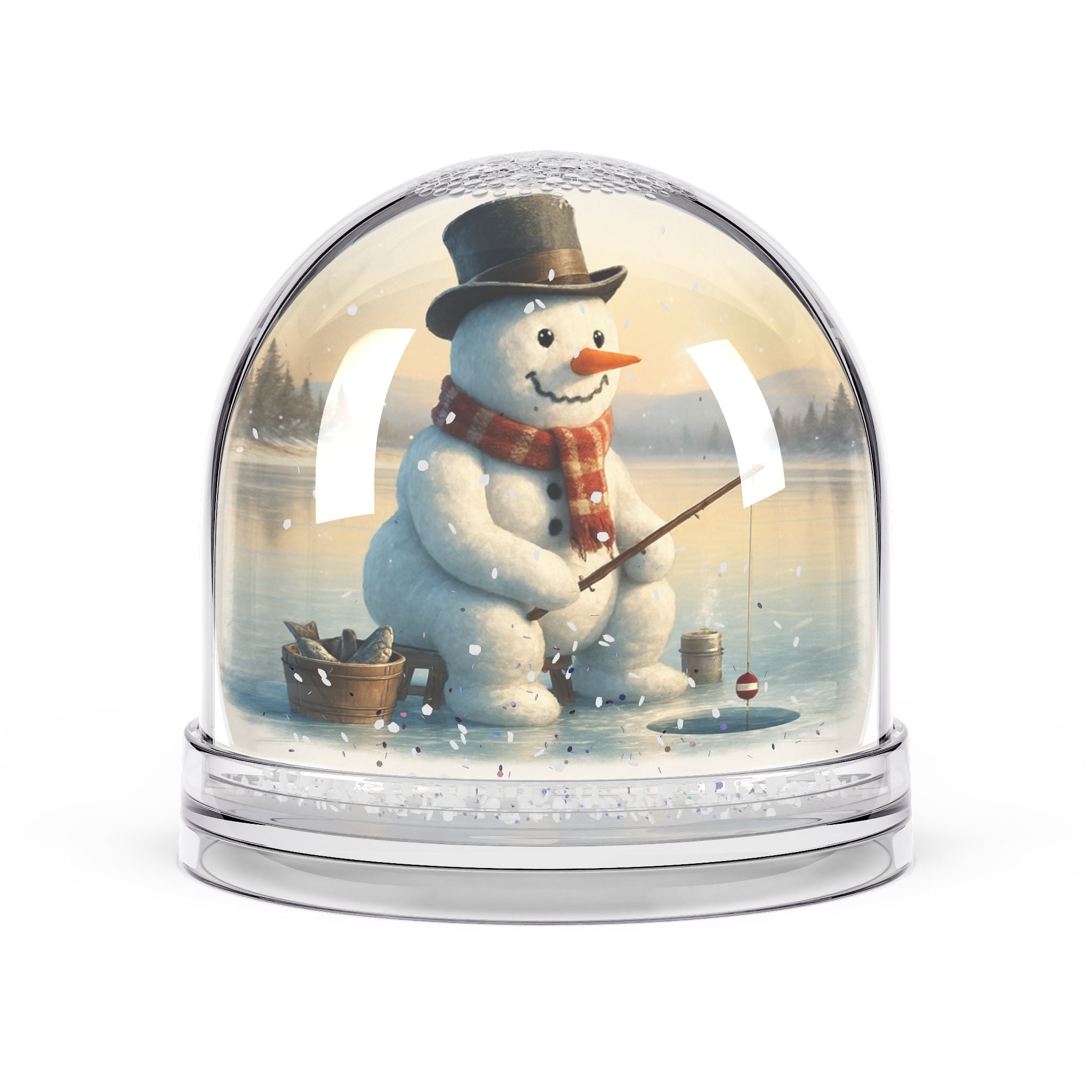 Snowman Fishing Snow Globe — Vintage Holiday Winter Decor