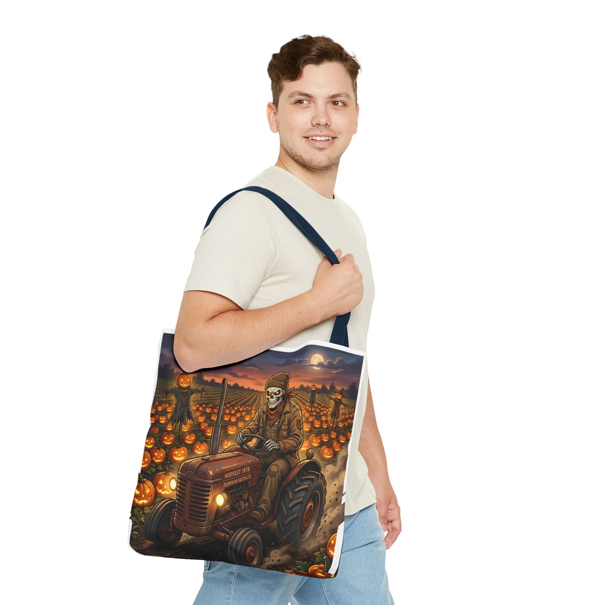 Halloween Pumpkin Field Tote — Skeletal Farmer on Tractor AOP Tote Bag