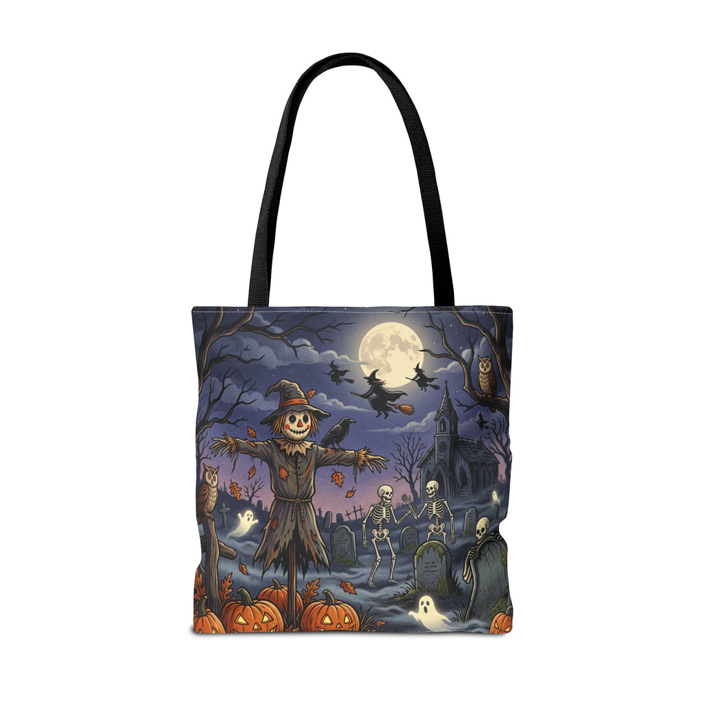 Halloween Haunted Night Tote Bag – Spooky Scarecrow & Skeletons All-Over Print