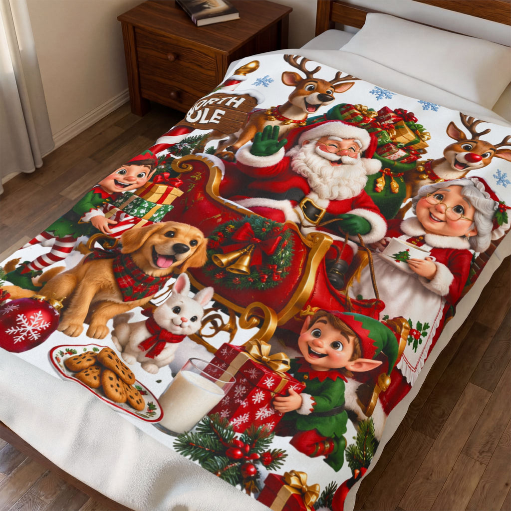 North Pole Christmas Santa & Reindeer Velveteen Plush Blanket