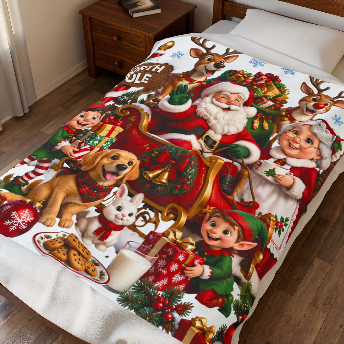 North Pole Christmas Santa & Reindeer Velveteen Plush Blanket
