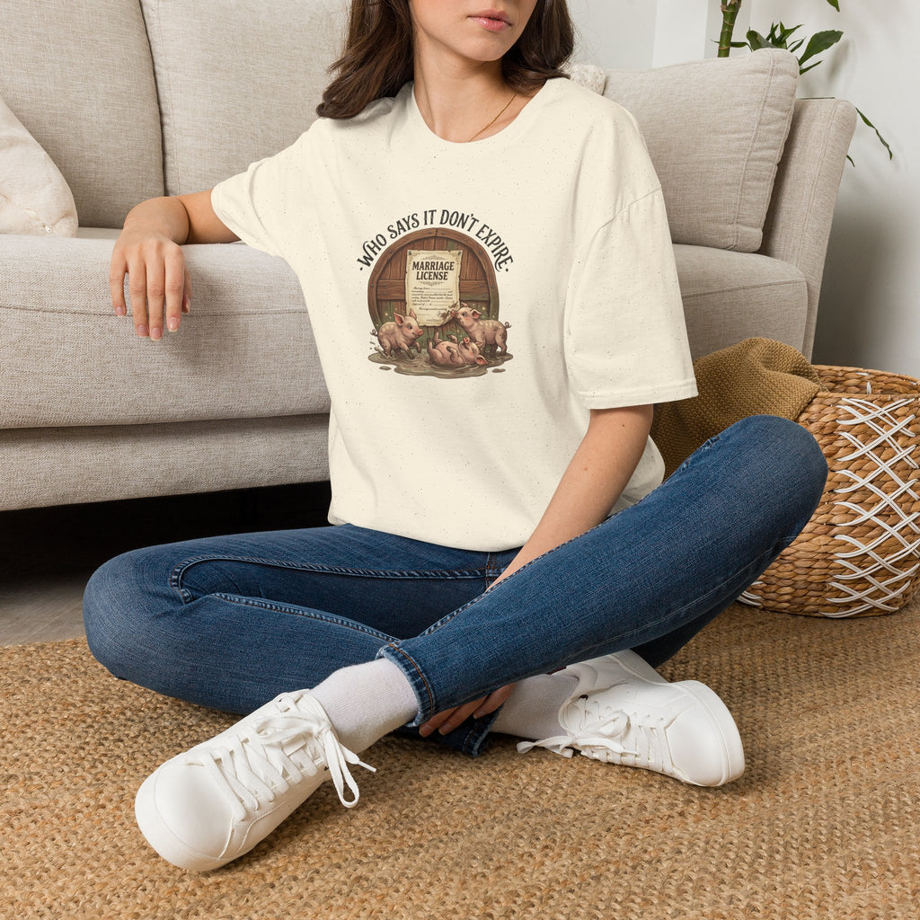 Funny Pig Wedding T-Shirt — "Who Says It Don't Expire" Marriage License Graphic Tee